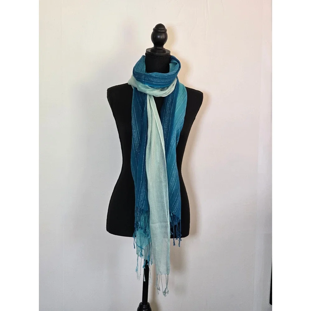 Tommy Bahama Blue Ombre Metallic Stripe Tassel Scarf Wrap Shawl coastal beach